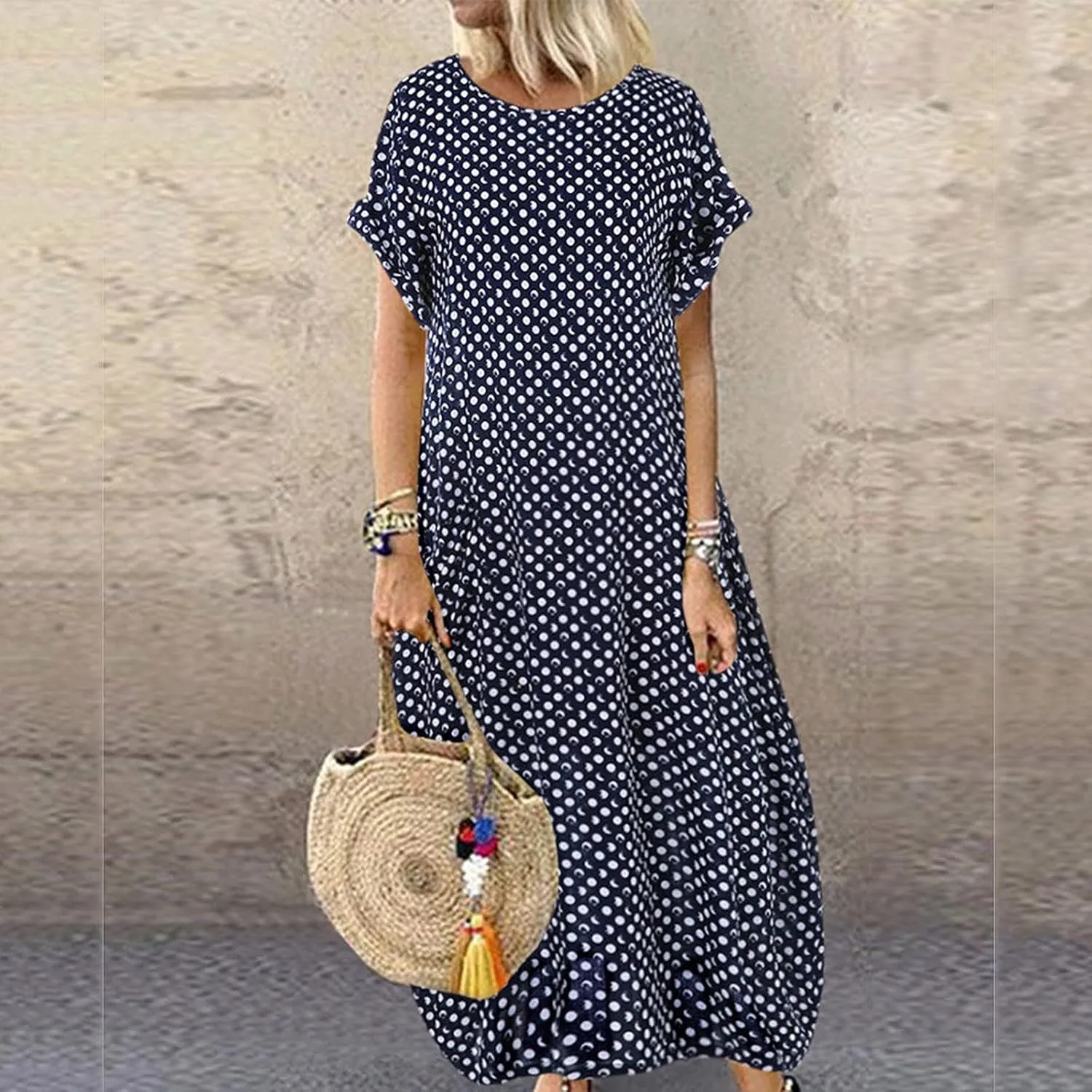 Summer Dresses for Women 2023 Crew Neck Maxi Dresses Rolled Short Sleeve Ruffle Oversize Vacation Loose Long Dress