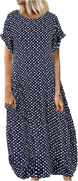 Summer Dresses for Women 2023 Crew Neck Maxi Dresses Rolled Short Sleeve Ruffle Oversize Vacation Loose Long Dress