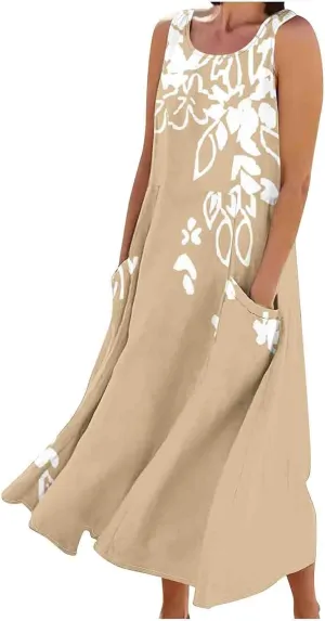 Summer Dresses for Womens Cotton Linen Sleeveless Maxi Dresses Casual Sun Dress Comfy Summer Beach Outfits with Pocket