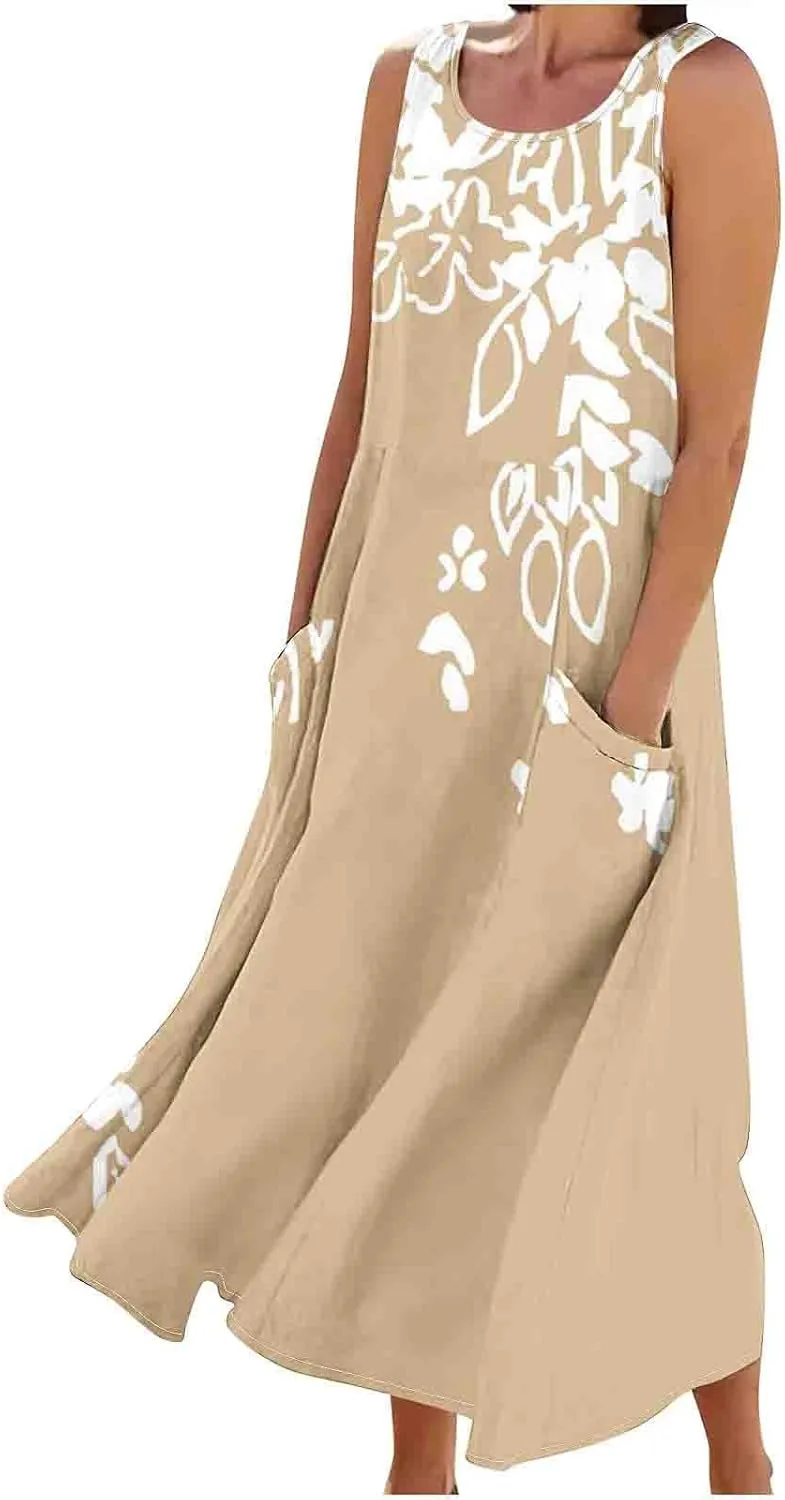 Summer Dresses for Womens Cotton Linen Sleeveless Maxi Dresses Casual Sun Dress Comfy Summer Beach Outfits with Pocket