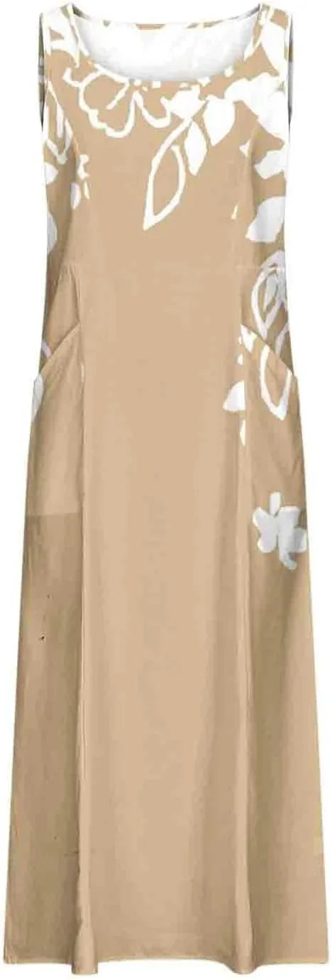 Summer Dresses for Womens Cotton Linen Sleeveless Maxi Dresses Casual Sun Dress Comfy Summer Beach Outfits with Pocket