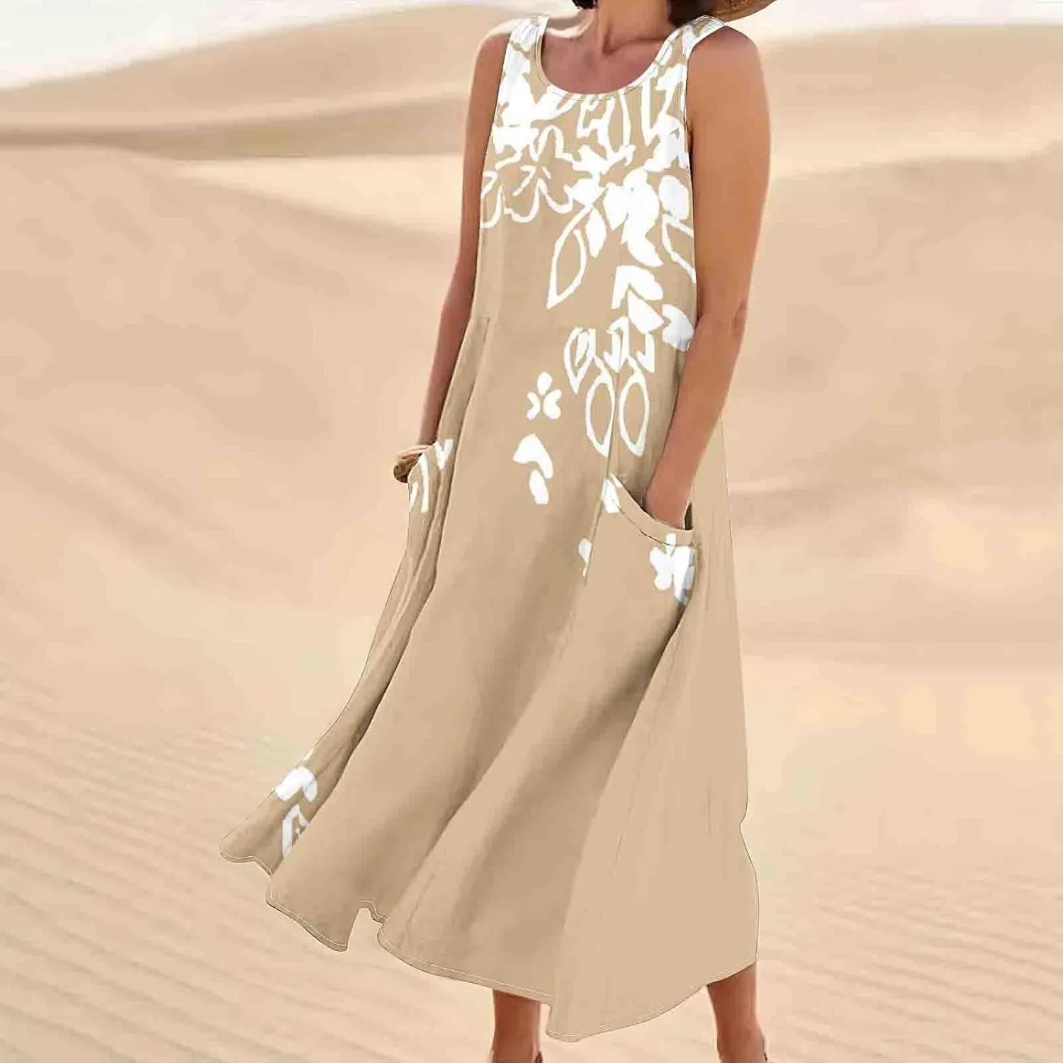 Summer Dresses for Womens Cotton Linen Sleeveless Maxi Dresses Casual Sun Dress Comfy Summer Beach Outfits with Pocket