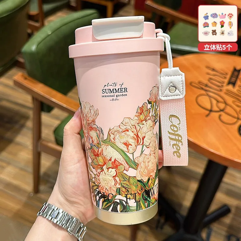 Summer Garden Stainless Steel Coffee Cup - Large Capacity Thermos