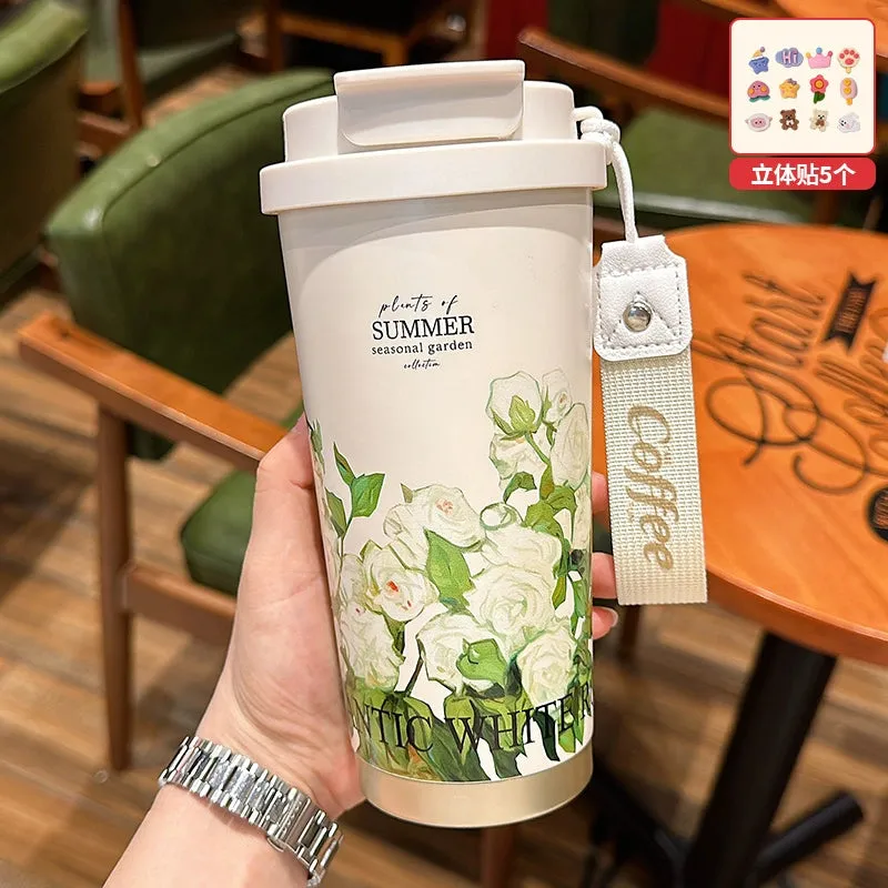 Summer Garden Stainless Steel Coffee Cup - Large Capacity Thermos