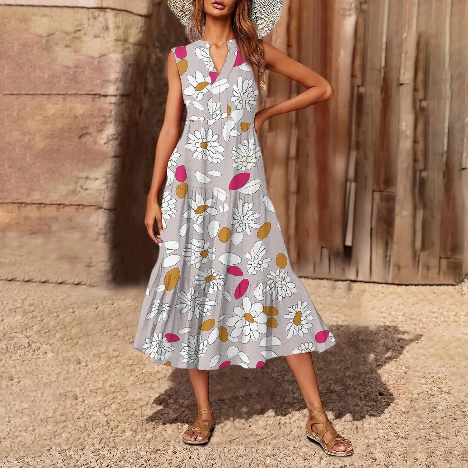 Summer Midi Dresses for Women 2025 Floral Sleeveless V Neck Maxi Dress Beach Vacation a Line Ruffle Hem Tiered Dress