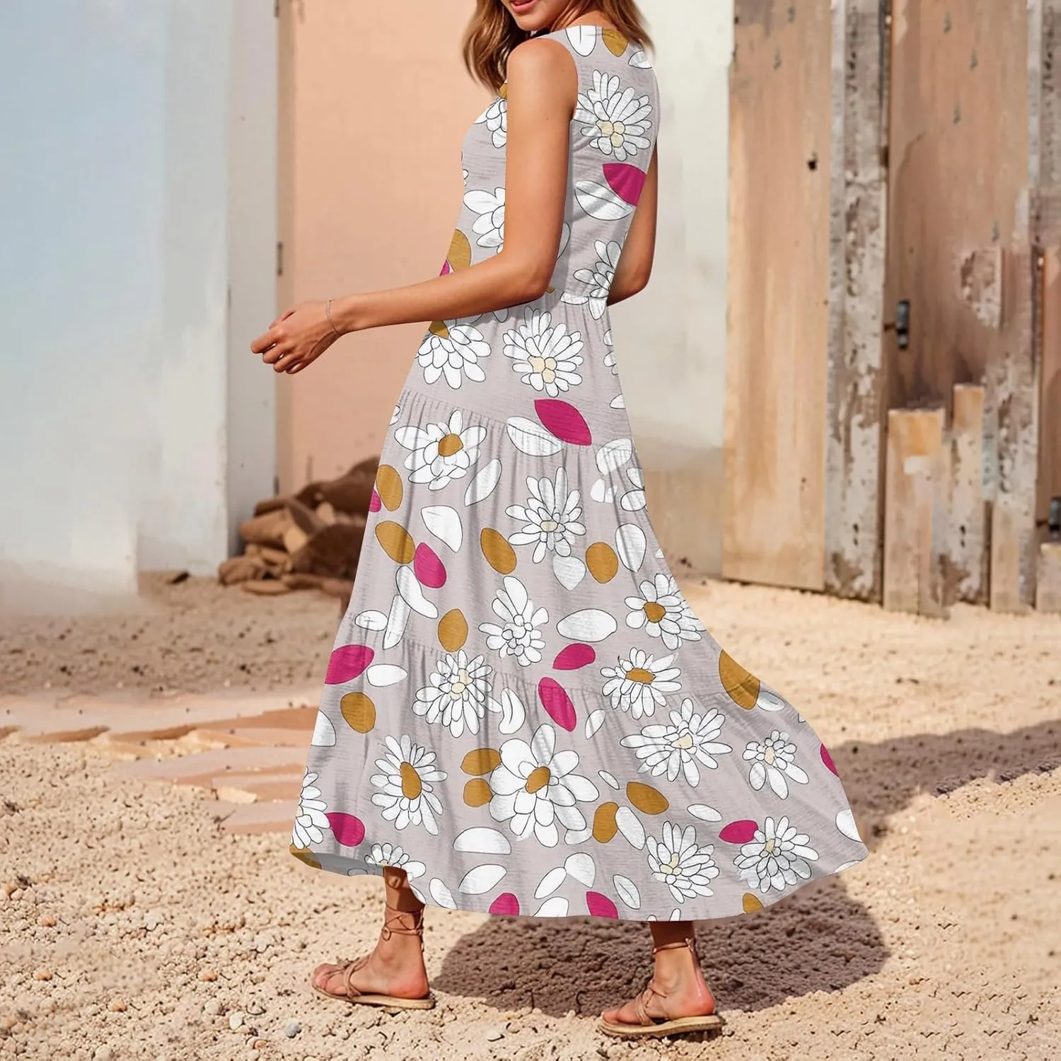 Summer Midi Dresses for Women 2025 Floral Sleeveless V Neck Maxi Dress Beach Vacation a Line Ruffle Hem Tiered Dress