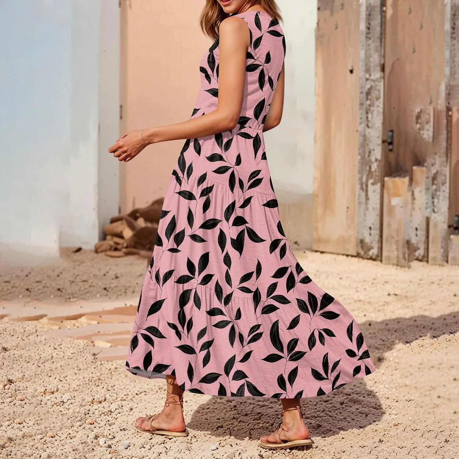 Summer Midi Dresses for Women 2025 Floral Sleeveless V Neck Maxi Dress Beach Vacation a Line Ruffle Hem Tiered Dress