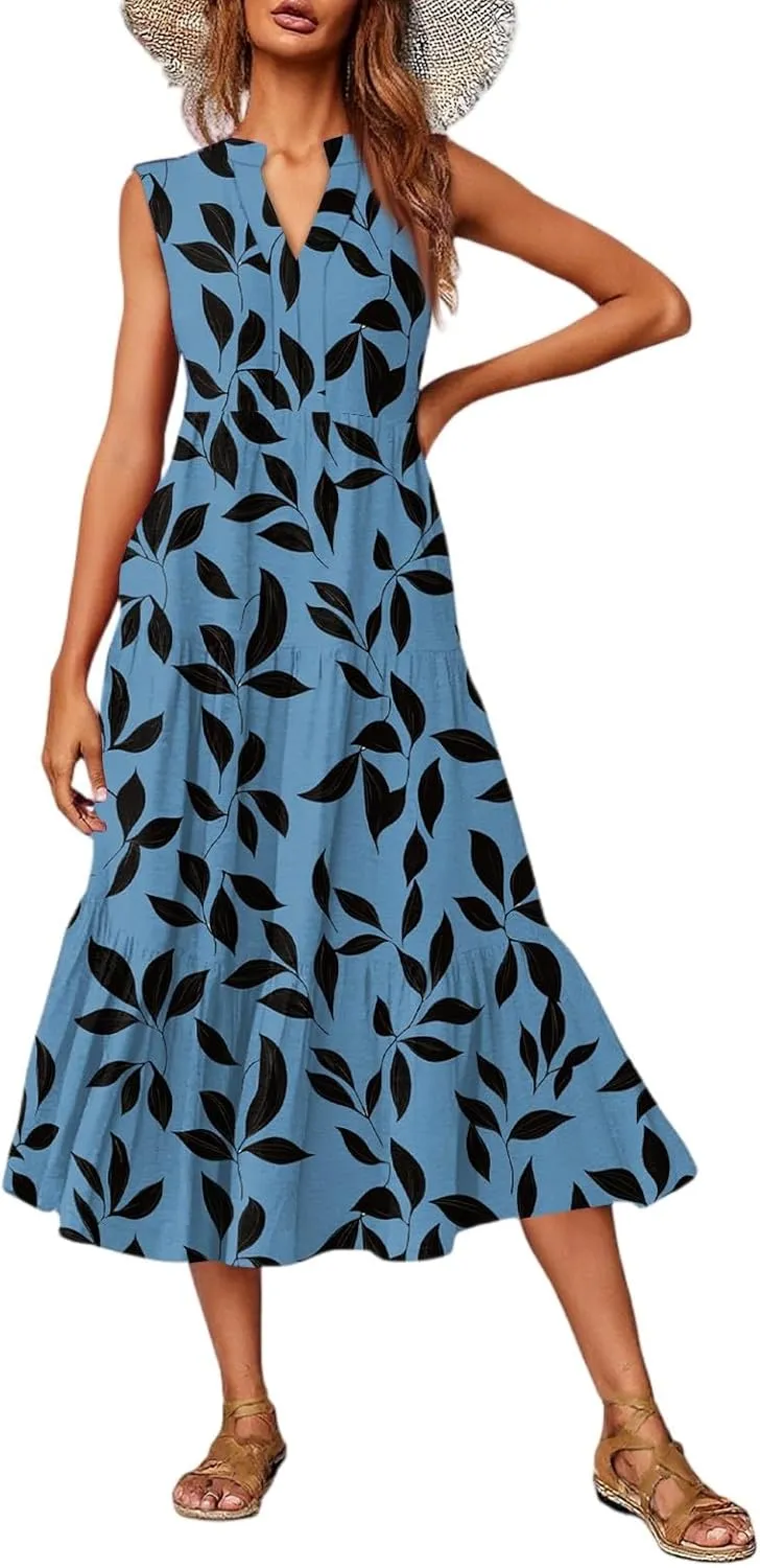 Summer Midi Dresses for Women 2025 Floral Sleeveless V Neck Maxi Dress Beach Vacation a Line Ruffle Hem Tiered Dress