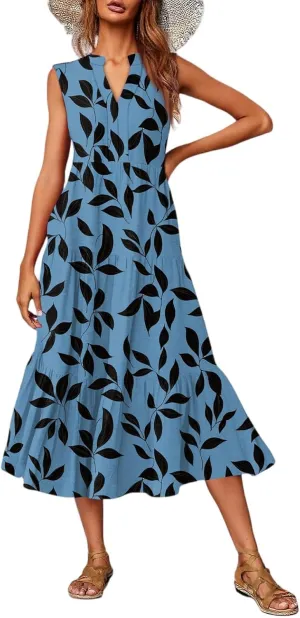 Summer Midi Dresses for Women 2025 Floral Sleeveless V Neck Maxi Dress Beach Vacation a Line Ruffle Hem Tiered Dress