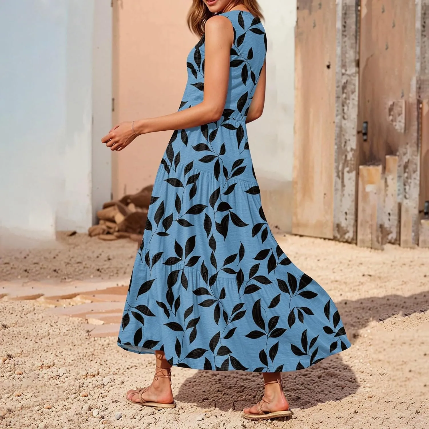 Summer Midi Dresses for Women 2025 Floral Sleeveless V Neck Maxi Dress Beach Vacation a Line Ruffle Hem Tiered Dress