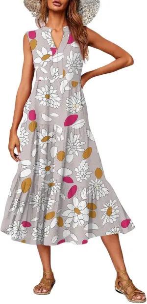 Summer Midi Dresses for Women 2025 Floral Sleeveless V Neck Maxi Dress Beach Vacation a Line Ruffle Hem Tiered Dress