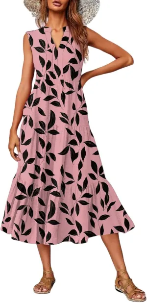 Summer Midi Dresses for Women 2025 Floral Sleeveless V Neck Maxi Dress Beach Vacation a Line Ruffle Hem Tiered Dress