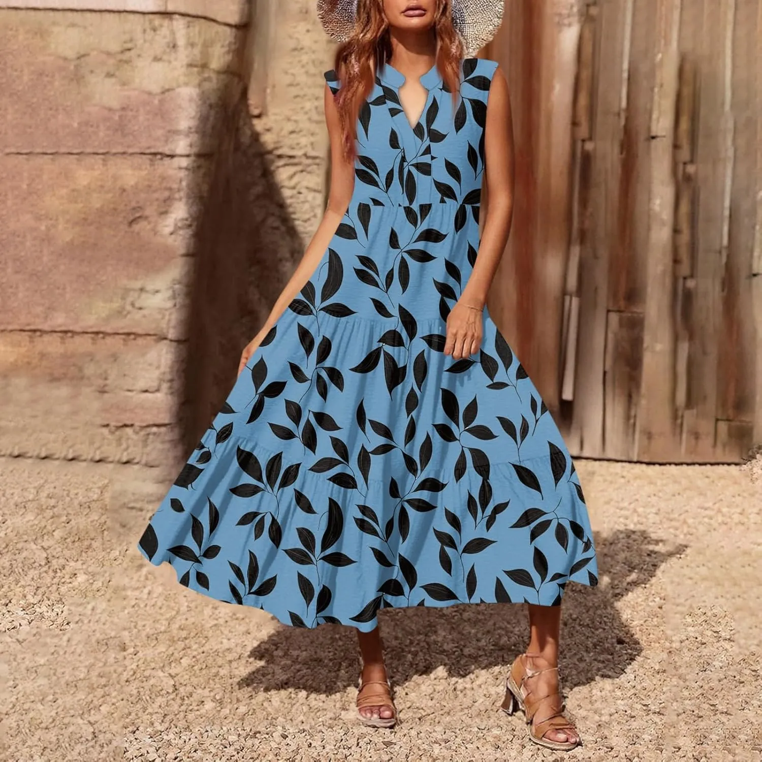 Summer Midi Dresses for Women 2025 Floral Sleeveless V Neck Maxi Dress Beach Vacation a Line Ruffle Hem Tiered Dress