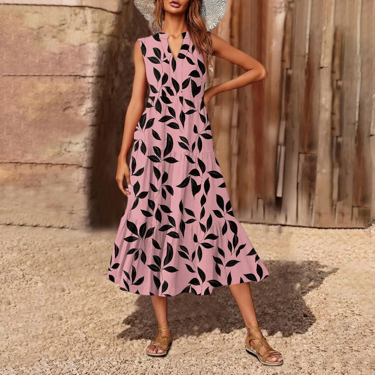 Summer Midi Dresses for Women 2025 Floral Sleeveless V Neck Maxi Dress Beach Vacation a Line Ruffle Hem Tiered Dress