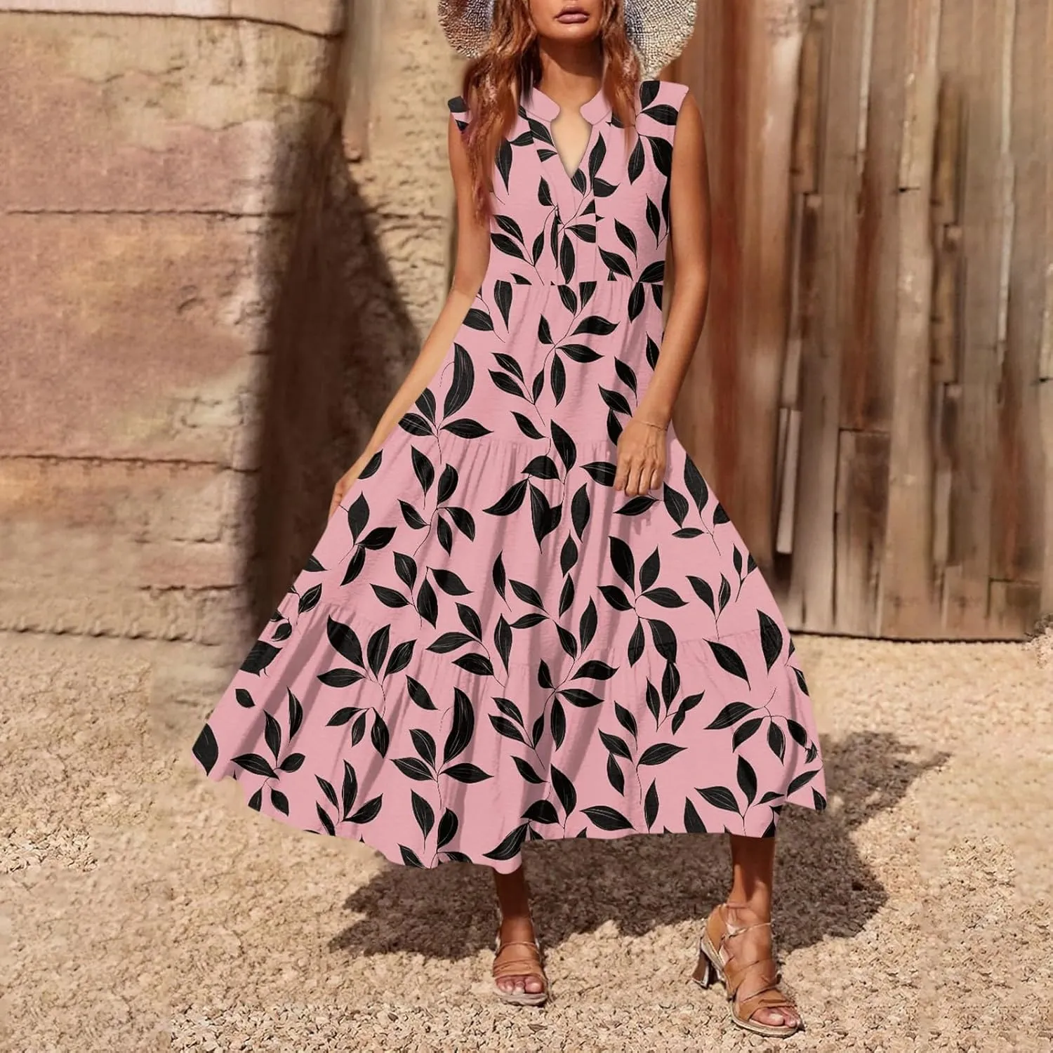 Summer Midi Dresses for Women 2025 Floral Sleeveless V Neck Maxi Dress Beach Vacation a Line Ruffle Hem Tiered Dress