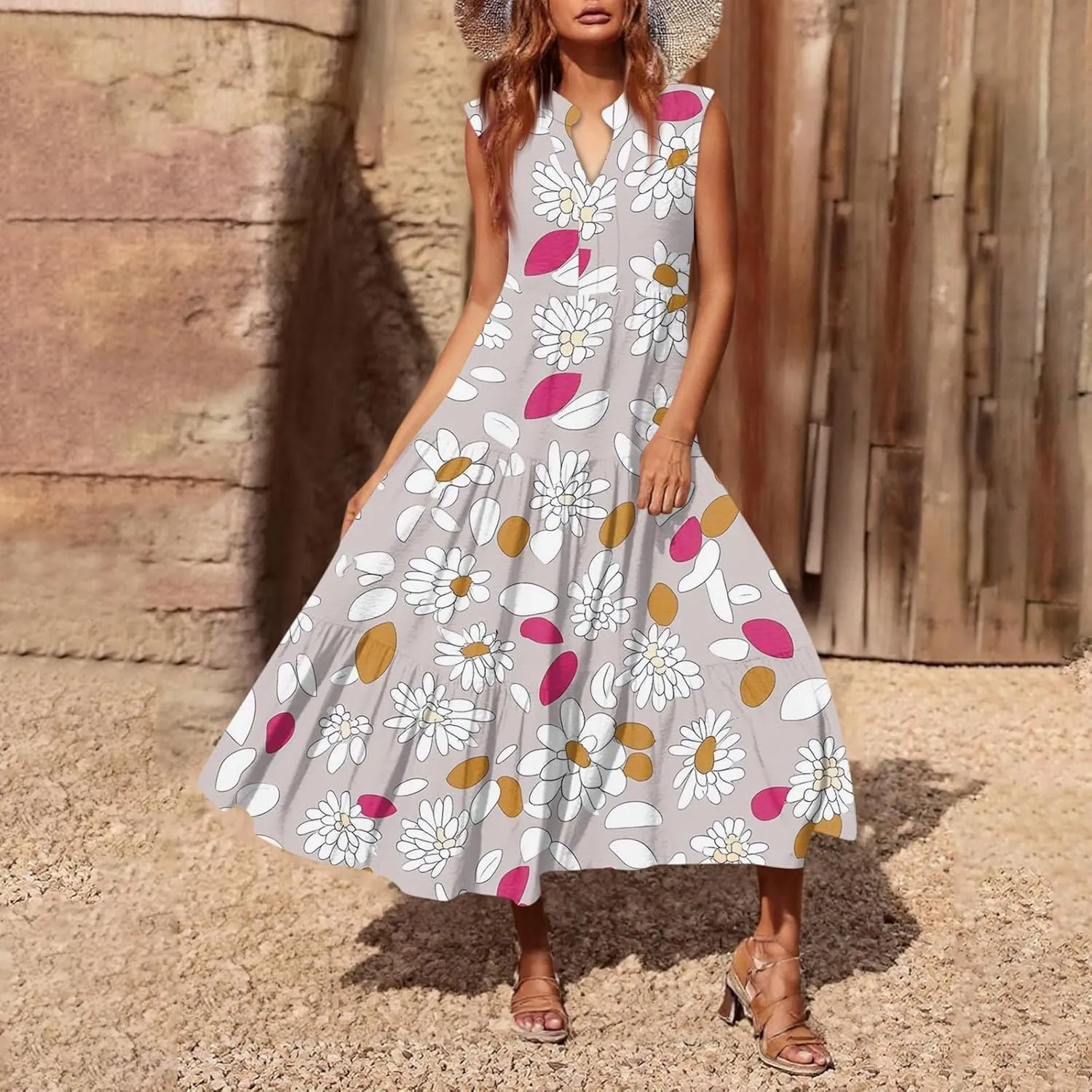 Summer Midi Dresses for Women 2025 Floral Sleeveless V Neck Maxi Dress Beach Vacation a Line Ruffle Hem Tiered Dress