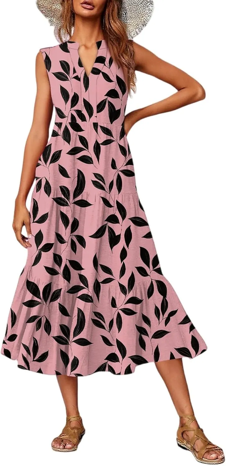 Summer Midi Dresses for Women 2025 Floral Sleeveless V Neck Maxi Dress Beach Vacation a Line Ruffle Hem Tiered Dress