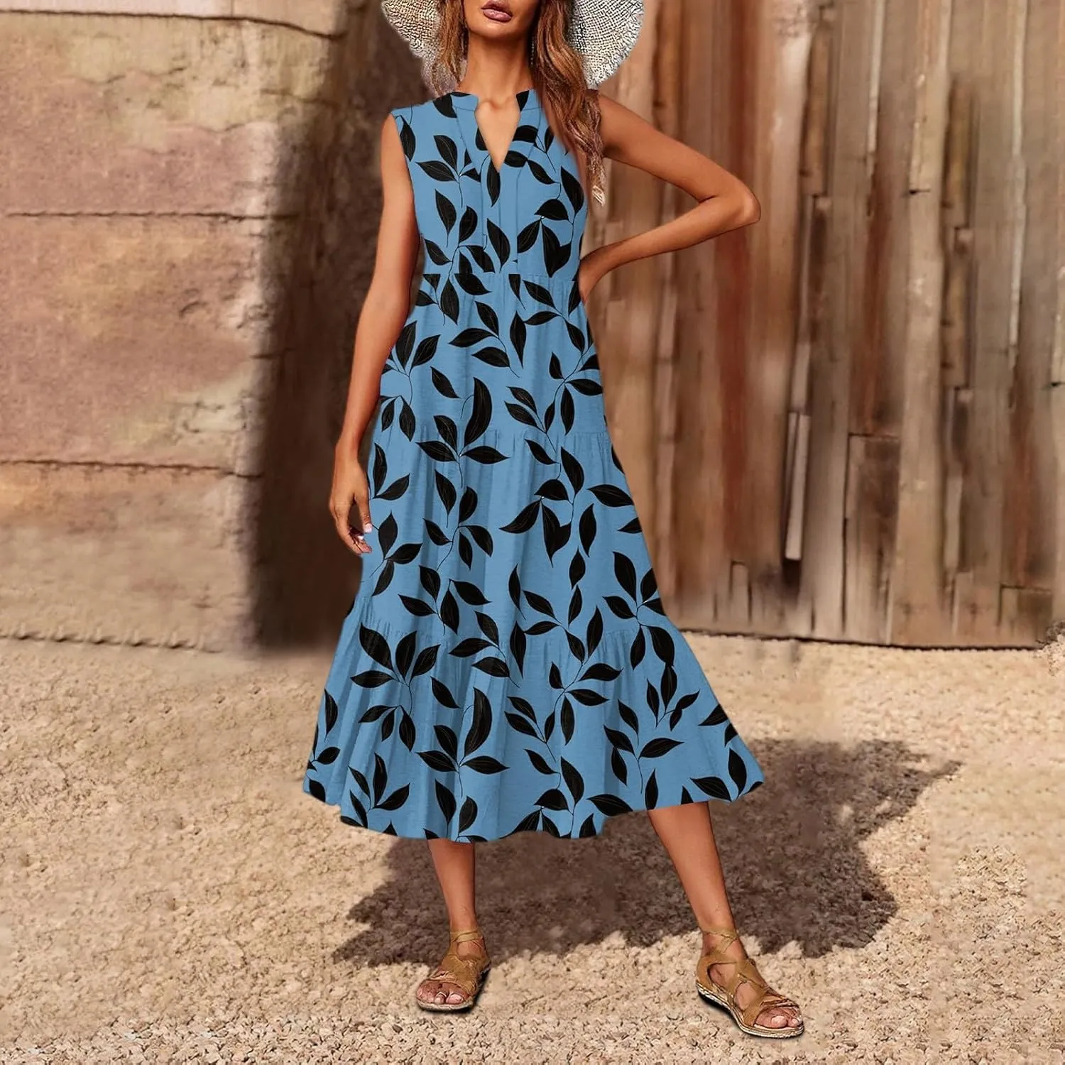 Summer Midi Dresses for Women 2025 Floral Sleeveless V Neck Maxi Dress Beach Vacation a Line Ruffle Hem Tiered Dress