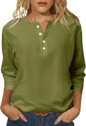 Summer Tops for Women 2025 Trendy 3/4 Sleeve Cotton Linen Shirts Loose Casual Button Henley V Neck Tunic Blouses