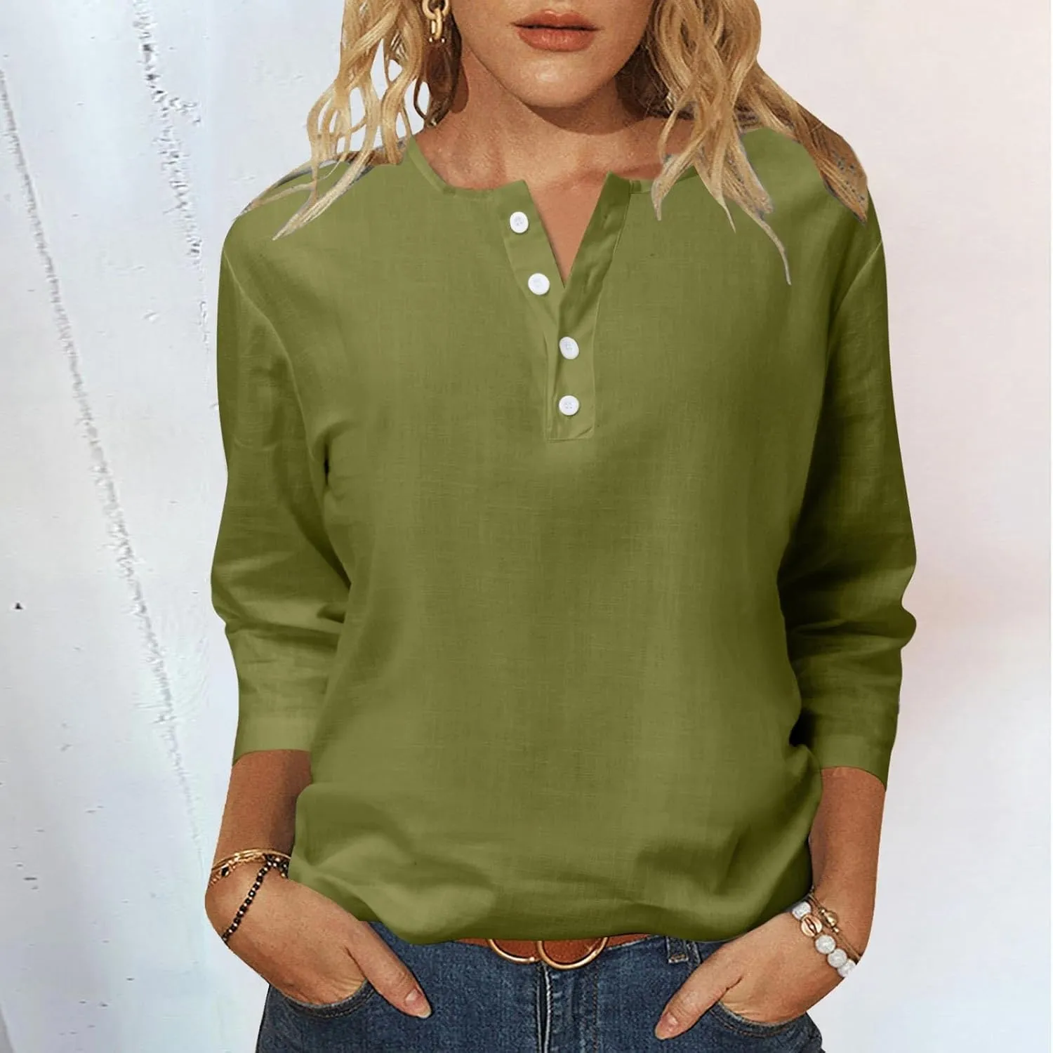 Summer Tops for Women 2025 Trendy 3/4 Sleeve Cotton Linen Shirts Loose Casual Button Henley V Neck Tunic Blouses