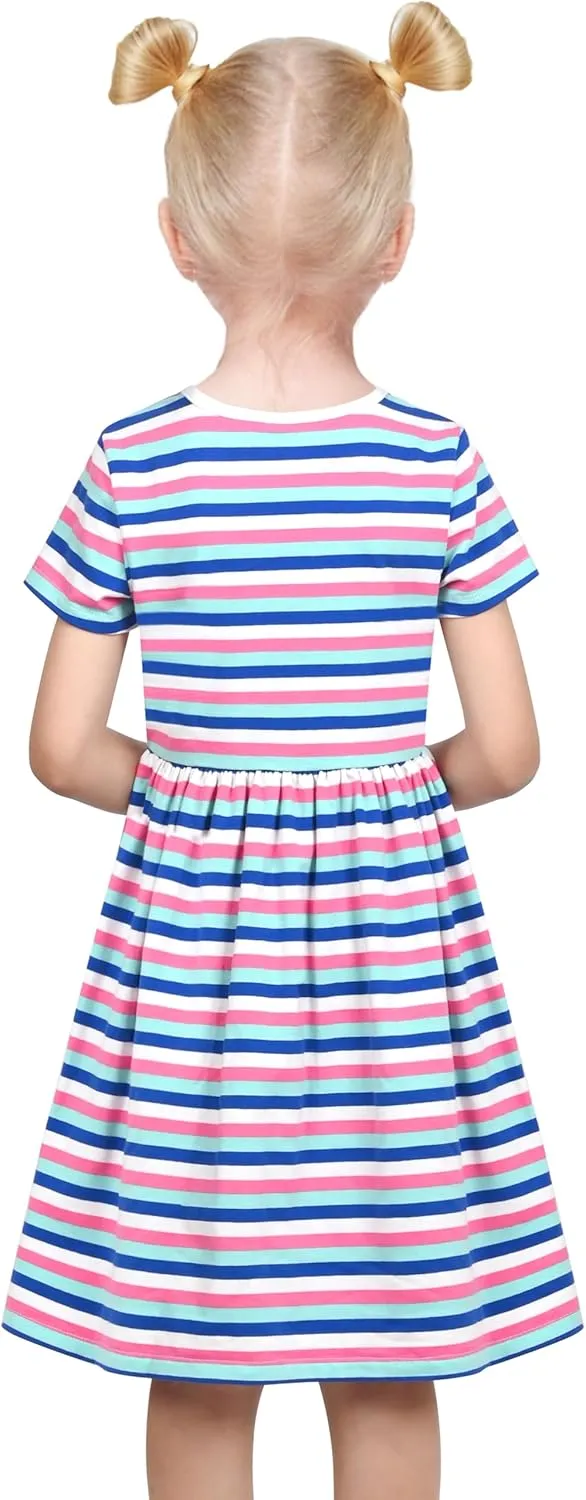 Sunny Fashion Girls Dress Colorful Striped Knitted Cotton Stretch School
