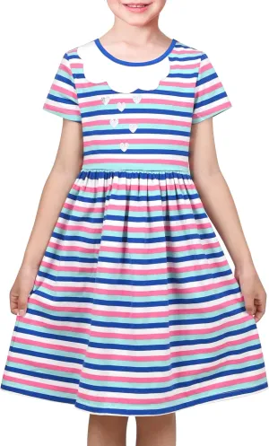 Sunny Fashion Girls Dress Colorful Striped Knitted Cotton Stretch School