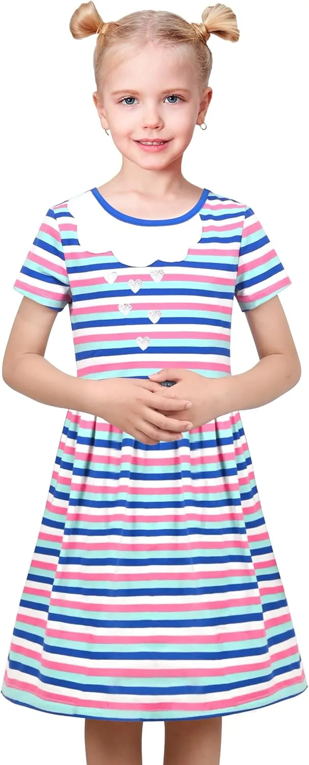Sunny Fashion Girls Dress Colorful Striped Knitted Cotton Stretch School