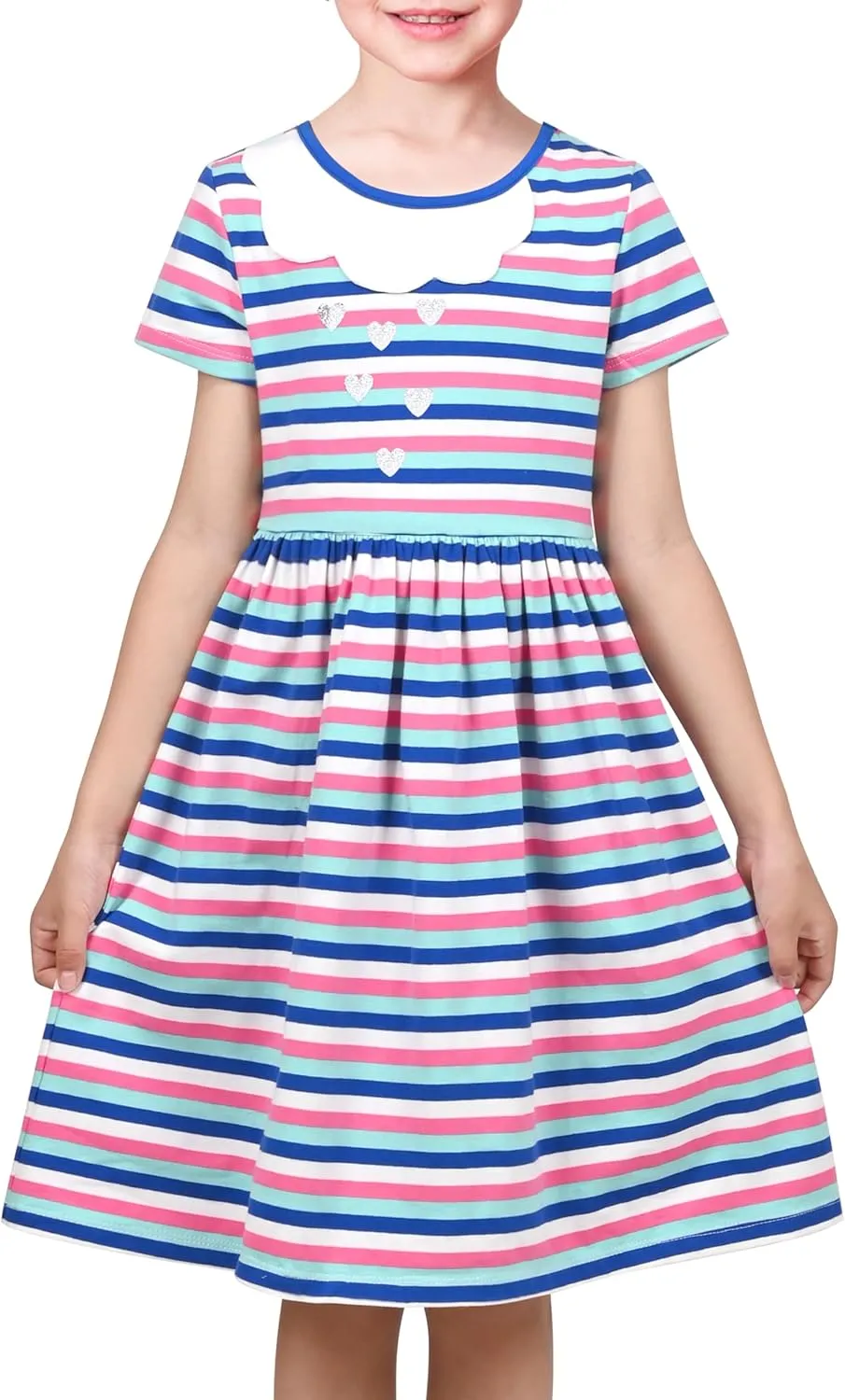 Sunny Fashion Girls Dress Colorful Striped Knitted Cotton Stretch School