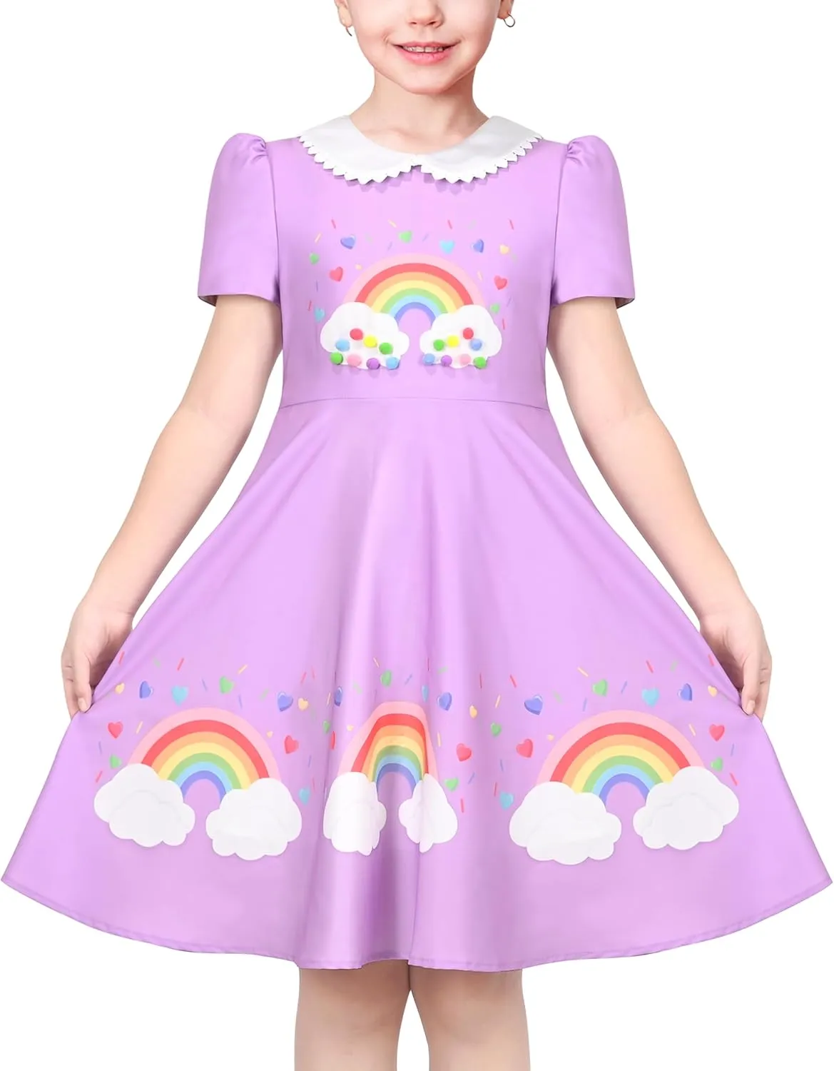 Sunny Fashion Girls Dress Purple Rainbow White Collar Casual Birthday Size 5-10