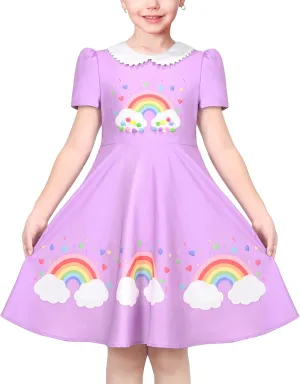 Sunny Fashion Girls Dress Purple Rainbow White Collar Casual Birthday Size 5-10