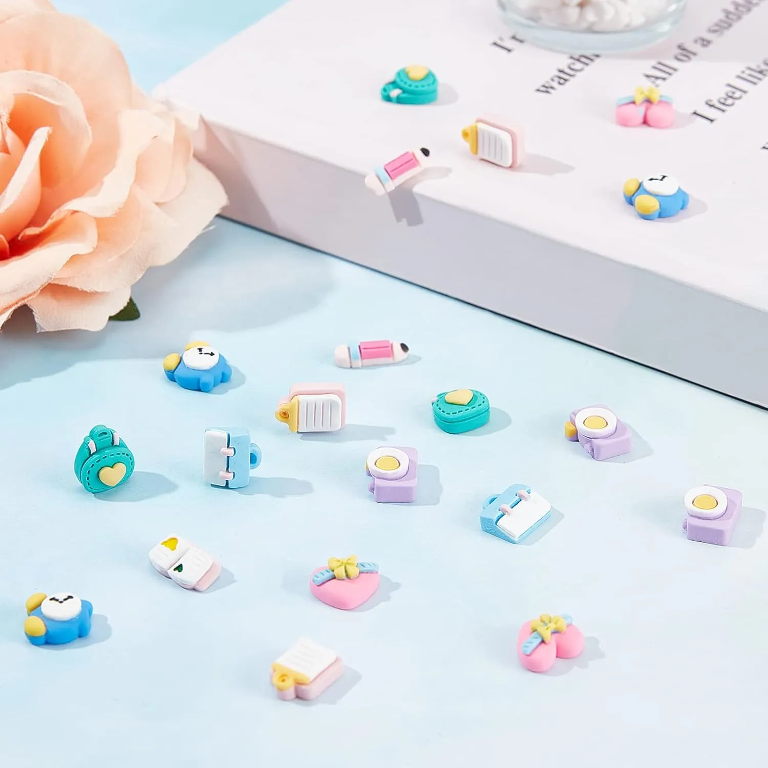 SUNNYCLUE 80Pcs 8 Styles School Cabochons Colorful Mini Heart Pencil Camera Bag Clock Book Resin Charms Flatbacks Back to School Supplies for DIY Hair Clips Scrapbook Crafts Findings for Adult