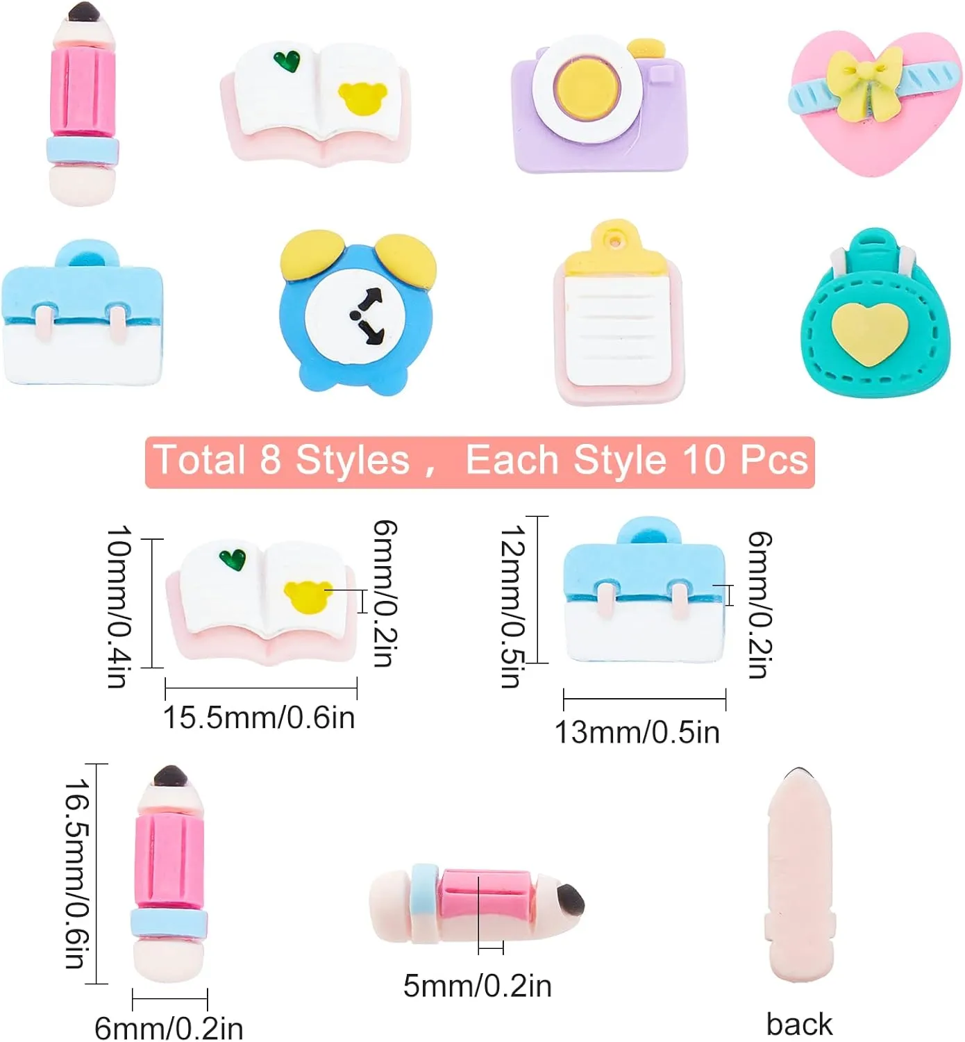 SUNNYCLUE 80Pcs 8 Styles School Cabochons Colorful Mini Heart Pencil Camera Bag Clock Book Resin Charms Flatbacks Back to School Supplies for DIY Hair Clips Scrapbook Crafts Findings for Adult