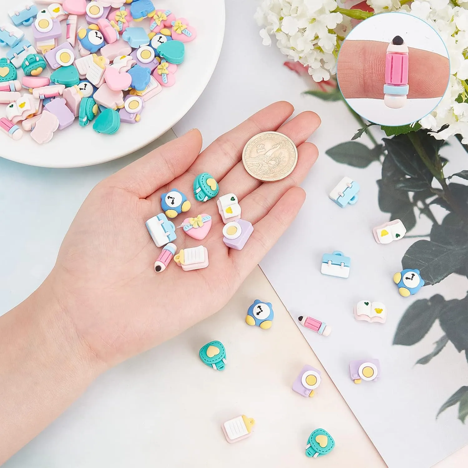 SUNNYCLUE 80Pcs 8 Styles School Cabochons Colorful Mini Heart Pencil Camera Bag Clock Book Resin Charms Flatbacks Back to School Supplies for DIY Hair Clips Scrapbook Crafts Findings for Adult