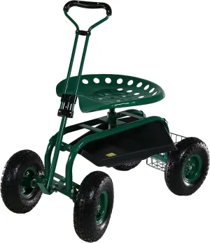 Sunnydaze Garden Seat with Wheels - Rolling Gardening Seat - Garden Stool on Wheels with Adjustable Handle and Utility Tray - Green