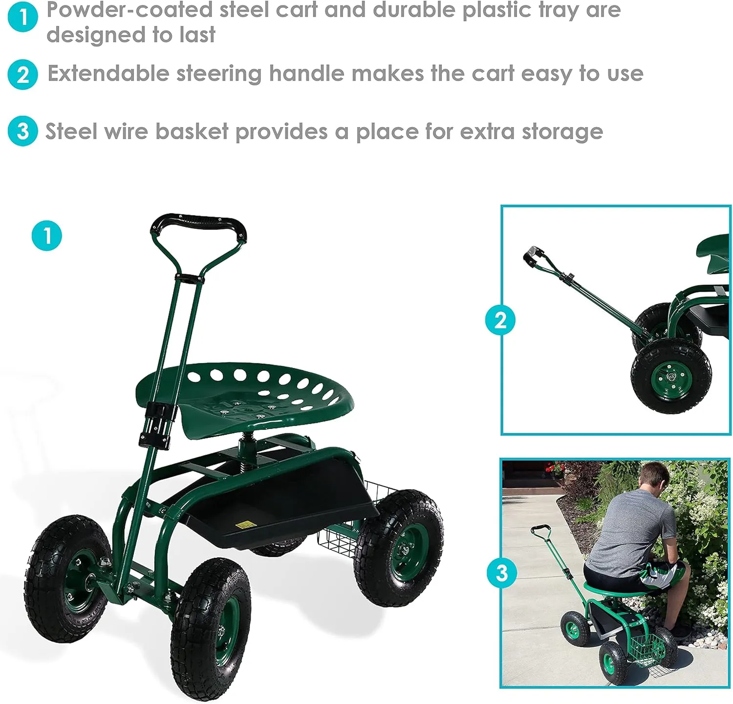 Sunnydaze Garden Seat with Wheels - Rolling Gardening Seat - Garden Stool on Wheels with Adjustable Handle and Utility Tray - Green