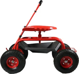 Sunnydaze Garden Seat with Wheels - Rolling Gardening Seat - Garden Stool on Wheels with Adjustable Handle and Utility Tray - Red