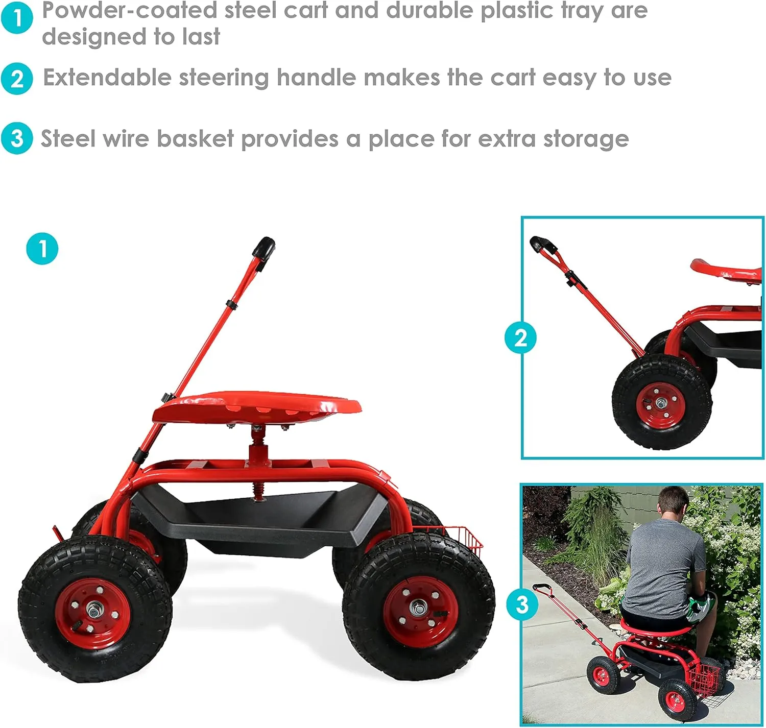 Sunnydaze Garden Seat with Wheels - Rolling Gardening Seat - Garden Stool on Wheels with Adjustable Handle and Utility Tray - Red