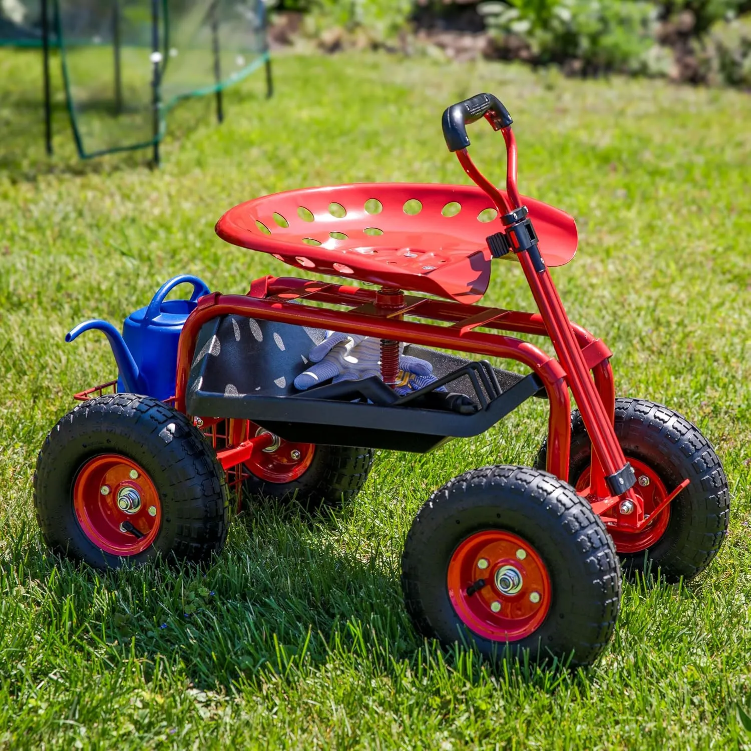 Sunnydaze Garden Seat with Wheels - Rolling Gardening Seat - Garden Stool on Wheels with Adjustable Handle and Utility Tray - Red
