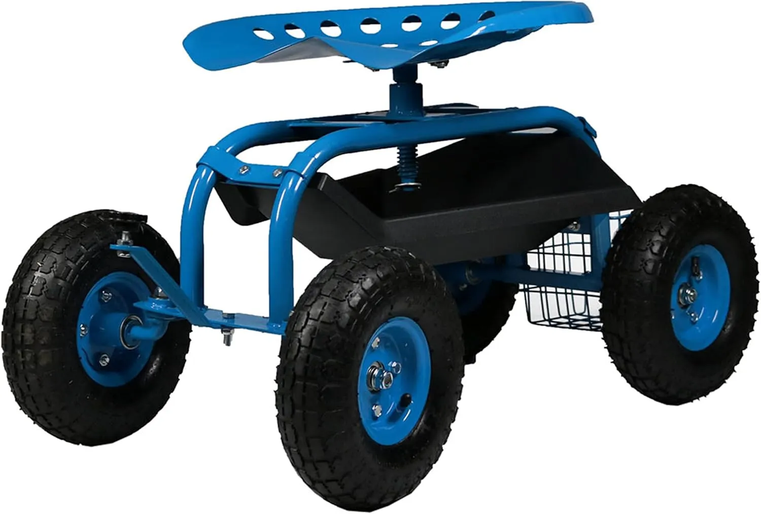 Sunnydaze Rolling Gardening Cart with Adjustable 360-Degree Swivel Seat - Utility Tool Tray and Storage Basket - Blue