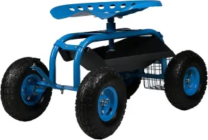 Sunnydaze Rolling Gardening Cart with Adjustable 360-Degree Swivel Seat - Utility Tool Tray and Storage Basket - Blue