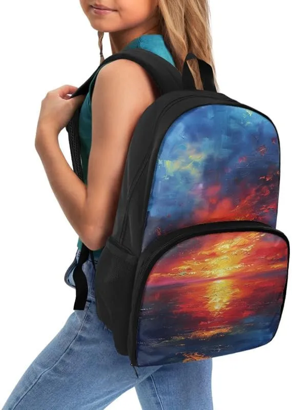 Sunrise SeaScape Oil Painting Backpack and Lunch Bag Kids School Sunup Hand Drawing Bag Pack for Teens Students Boys Girls School Sport Travel