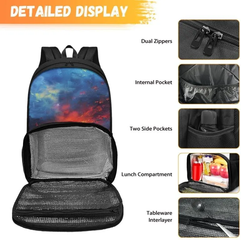 Sunrise SeaScape Oil Painting Backpack and Lunch Bag Kids School Sunup Hand Drawing Bag Pack for Teens Students Boys Girls School Sport Travel