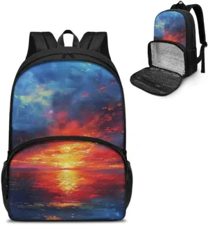 Sunrise SeaScape Oil Painting Backpack and Lunch Bag Kids School Sunup Hand Drawing Bag Pack for Teens Students Boys Girls School Sport Travel