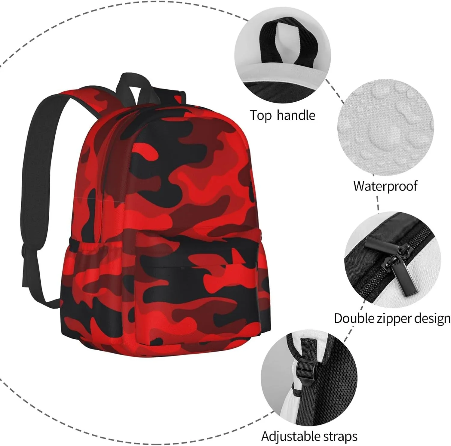 SUPLUCHOM School Backpack Military Camouflake Camo Red Black Casual Daypack Men Women Polyester Laptop Bag with Side Pockets Bookbag for Travel Hiking Work Student Over 3 Years Old Kids