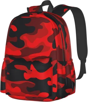 SUPLUCHOM School Backpack Military Camouflake Camo Red Black Casual Daypack Men Women Polyester Laptop Bag with Side Pockets Bookbag for Travel Hiking Work Student Over 3 Years Old Kids
