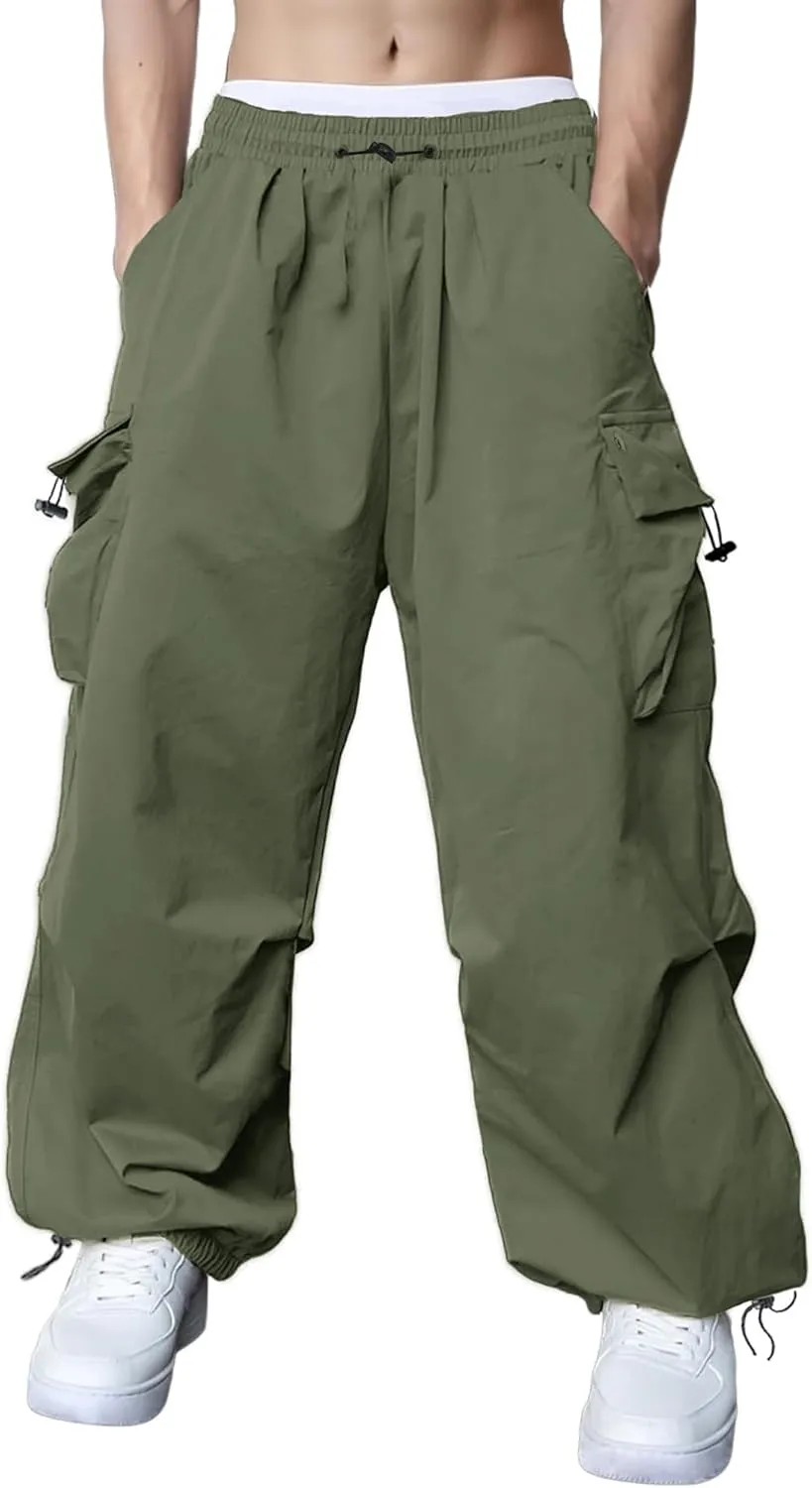 Susclude Parachute Cargo Pants for Men Loose Fit Baggy Sweatpants Casual Pant with Pocket Outdoor Drawstring Trousers 2025