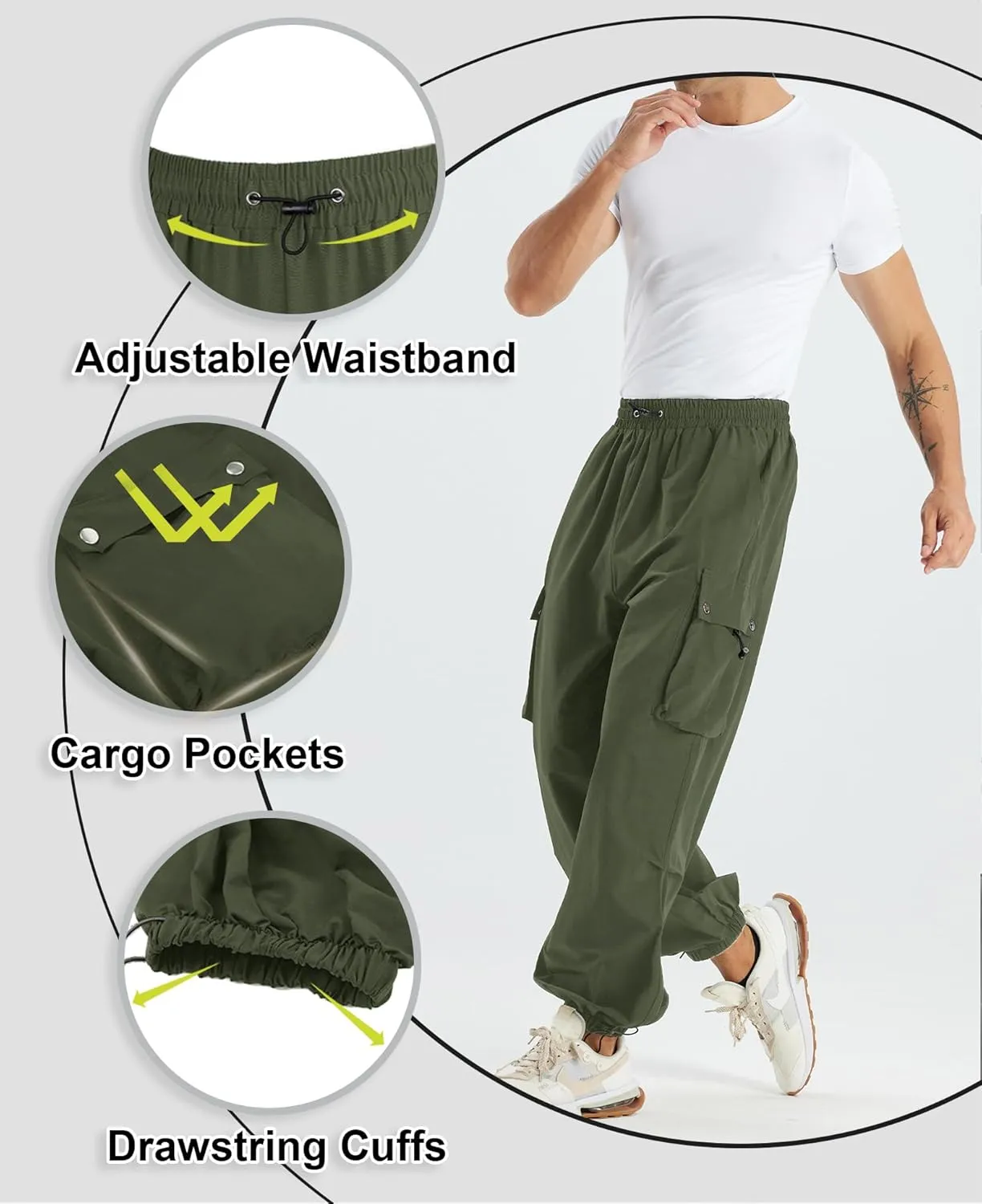 Susclude Parachute Cargo Pants for Men Loose Fit Baggy Sweatpants Casual Pant with Pocket Outdoor Drawstring Trousers 2025