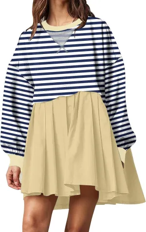 Sweatshirt Dresses for Women Striped Long Sleeve Pleated Patchwork Tops Dress Plus Size Mini Sweater Dress Fall 2024