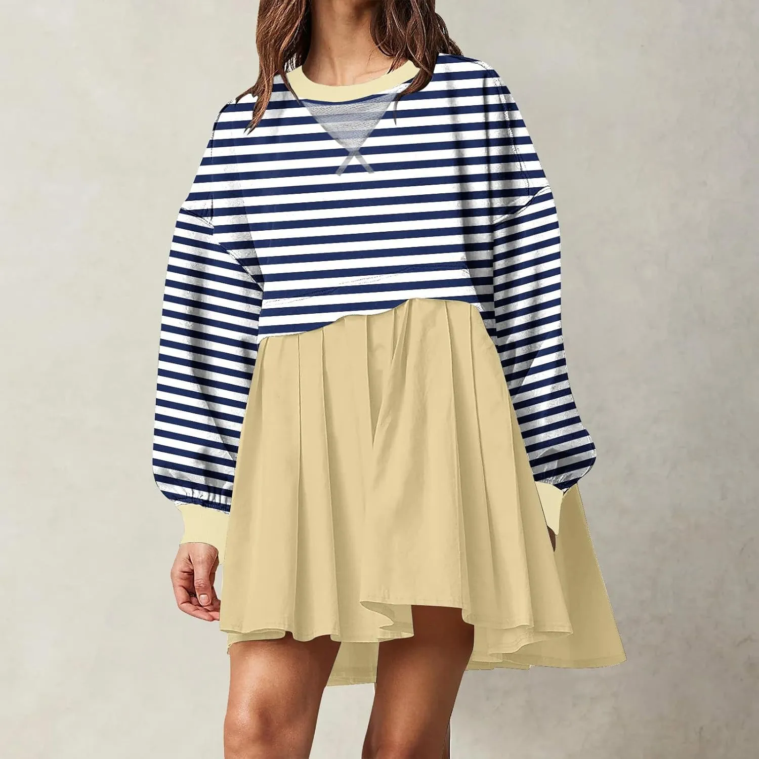 Sweatshirt Dresses for Women Striped Long Sleeve Pleated Patchwork Tops Dress Plus Size Mini Sweater Dress Fall 2024