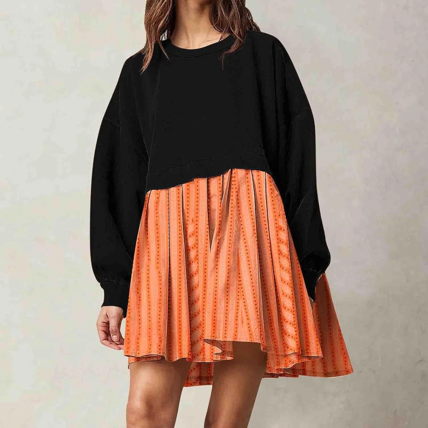 Sweatshirts Dresses for Women Crewneck Long Sleeve Patchwork Mini Dress Funny Print Graphic Shirt Loose Pullover Tops
